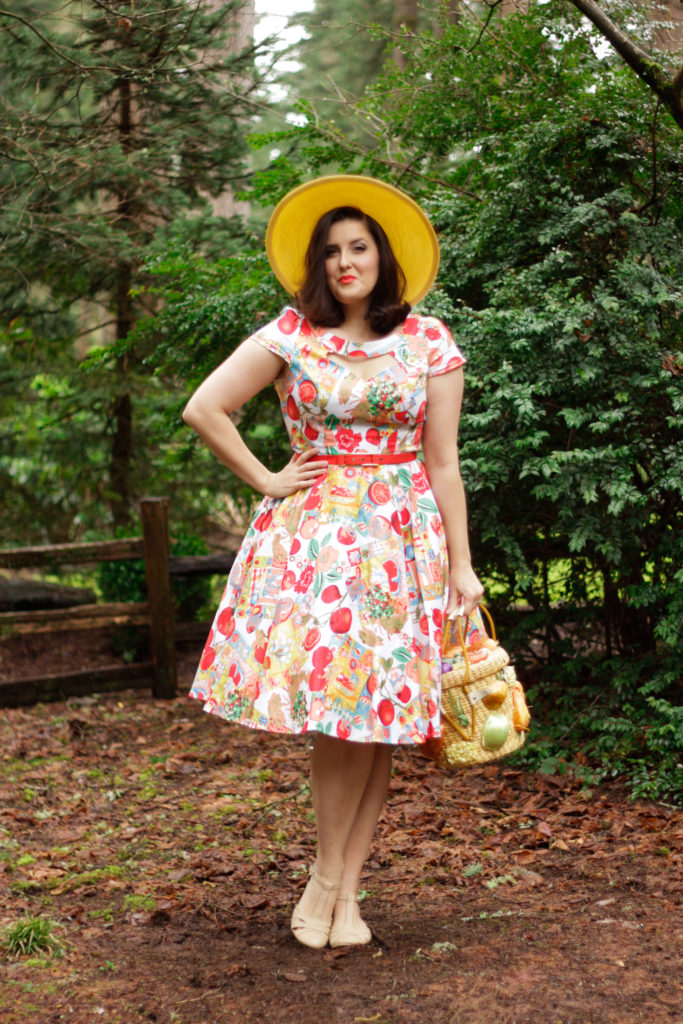 Veggie print dress, vintage veggie purse, and the perfect yellow hat ...